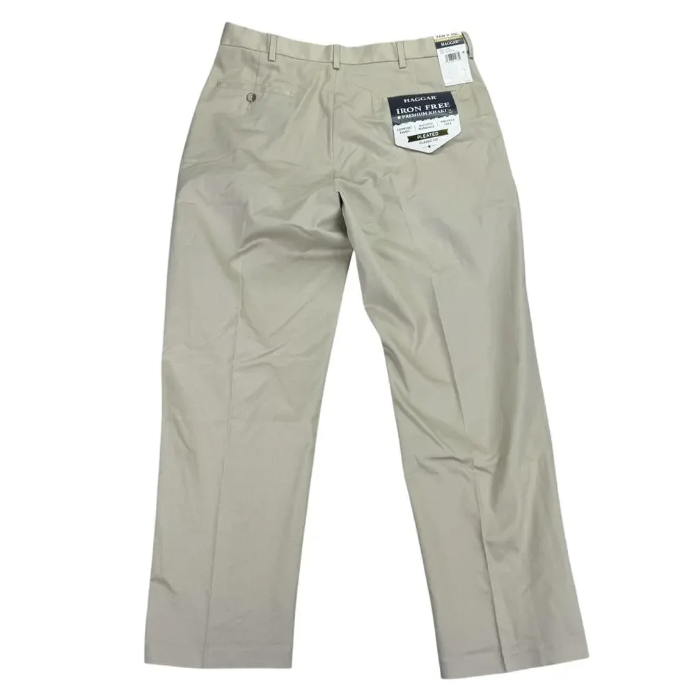 Haggar Mens Premium Iron Free Classic Fit Pleated Dress Pants Sand Beige 34x30